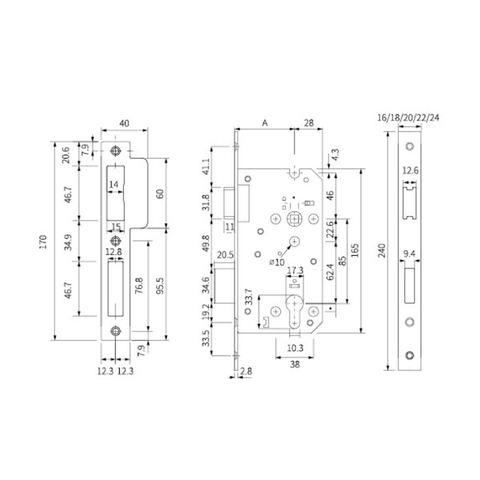 Corpo da fechadura da porta com ferrolho morto 